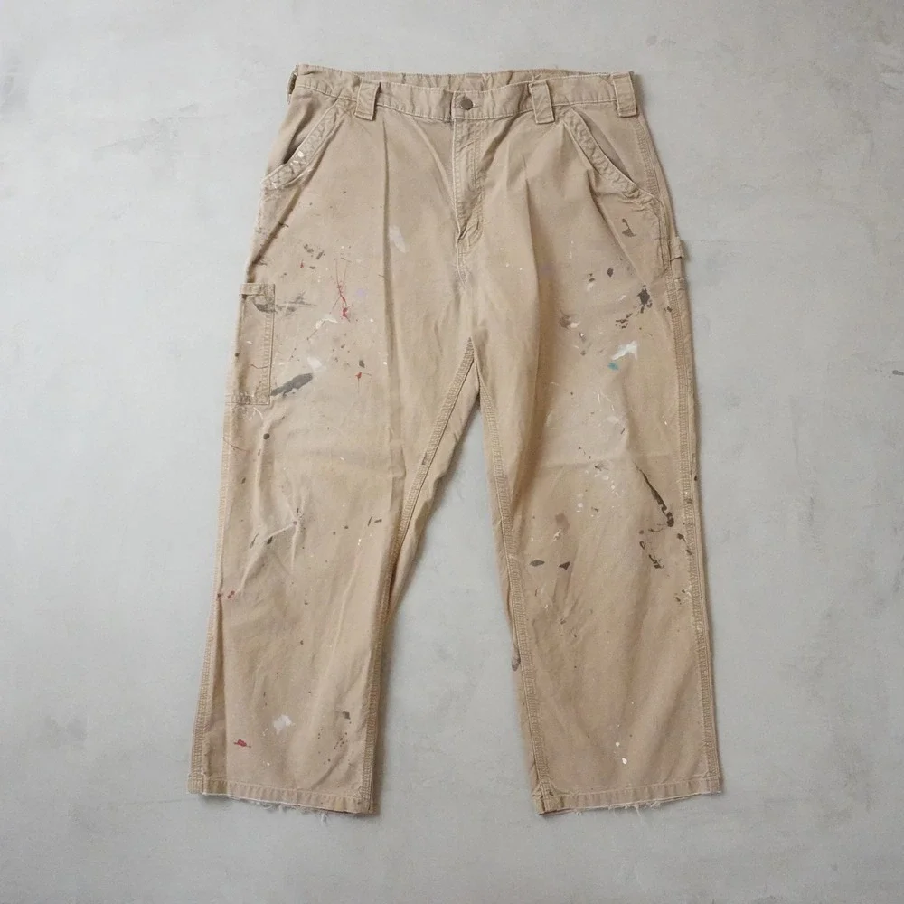 Vintage Carhartt Canvas Carpenter Pants 38x30 Mens Tan Paint Splatter